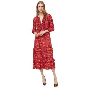 J. Crew Collection Tiered Ruffle Midi Dress in Red Jungle Cat Floral AG604 Sz 00